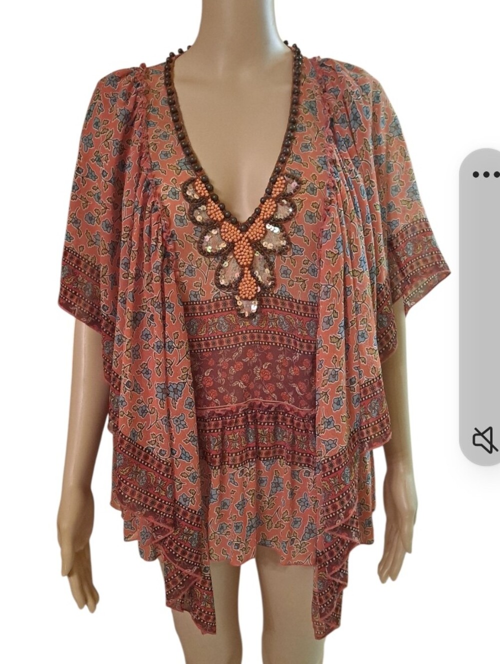 Moda International Coral Printed Beaded V-Neck Tunic